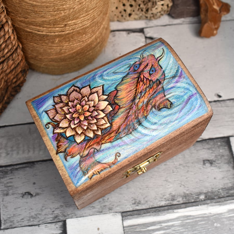 Pyrography fish in a lily pond, small rustic wooden felt lined chest