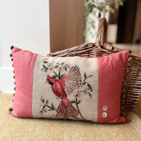 Red Cardinal tapestry cushion cover with pompom trim