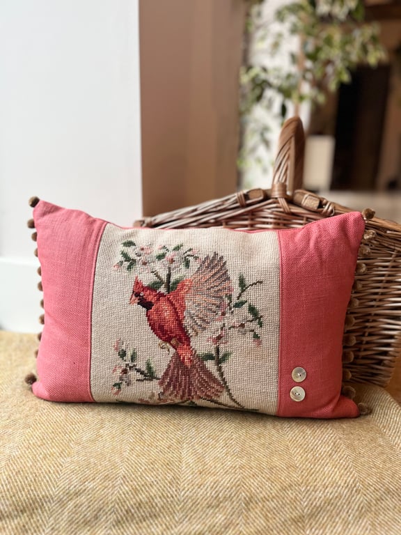 Red Cardinal tapestry cushion cover with pompom trim