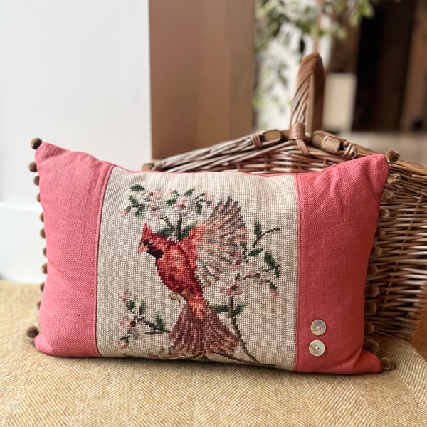 Red Cardinal tapestry cushion cover with pompom trim