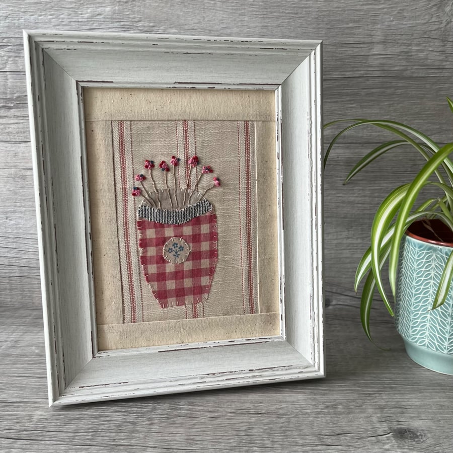 Hand Embroidered Framed Pink Flower Picture