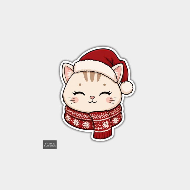 Funny Christmas Sticker Vinyl Xmas Decal For Adults - Cute Cat In Scarf