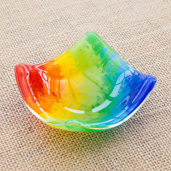 Watercolour Effect Rainbow Mini Trinket Ring and Candle Fused Glass Dish