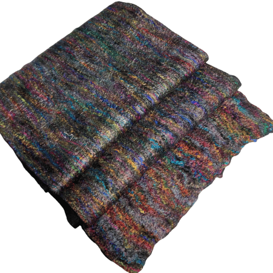 Felted merino wool scarf with black background and multicoloured silk fibres