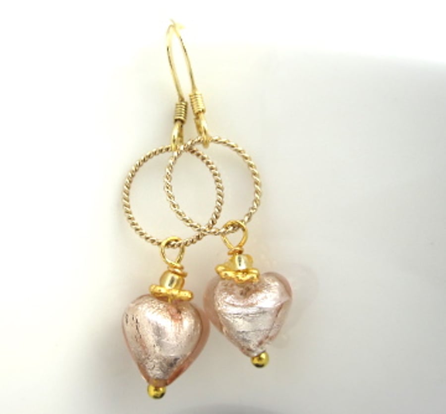 oosPink Glass Heart Hoop Earrings Wedding Sweet Heart Gold Silver Venetian Glass