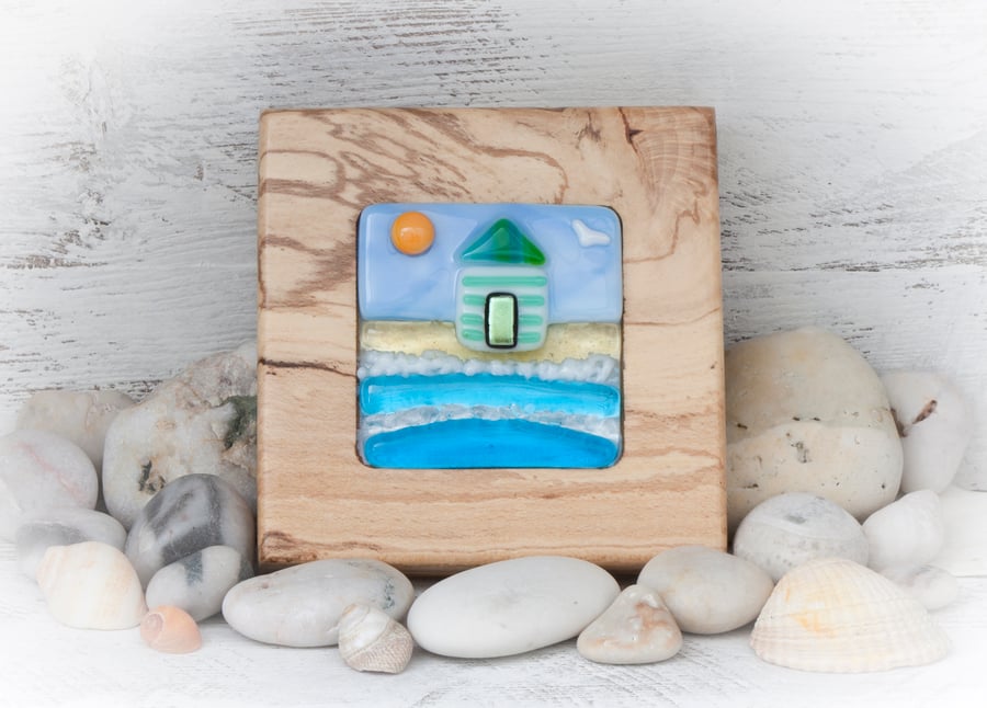 Fused Glass Picture of Beach Hut set in a Handcrafted Beech Frame