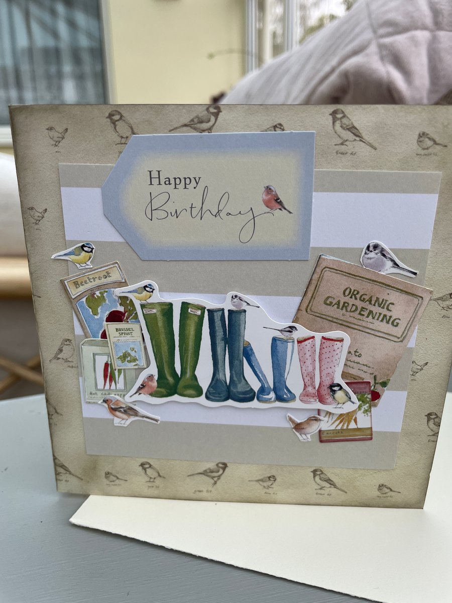 Wellington boots and birds Happy Birthday card