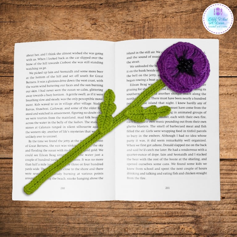 Purple poppy flower crochet bookmark.