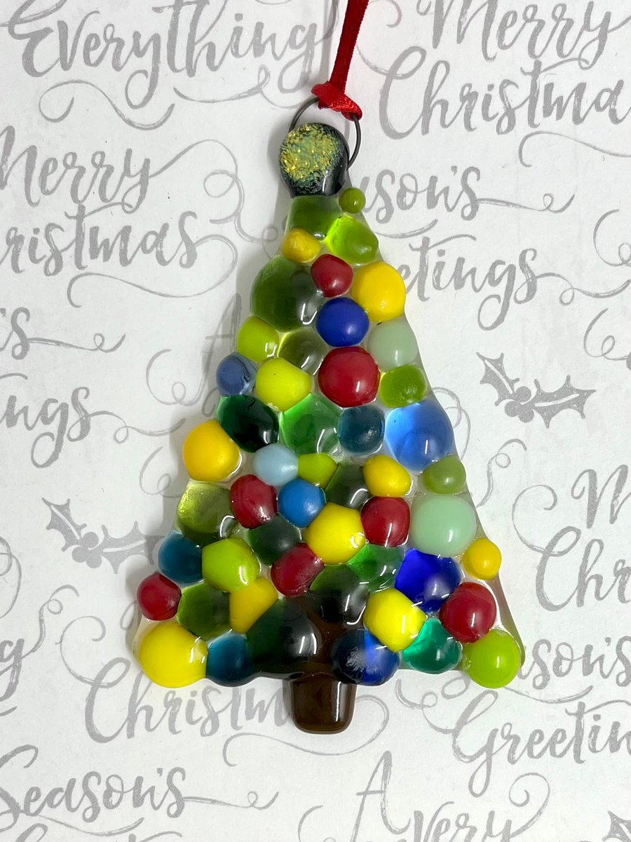 Large Handmade Fused Glass Xmas Tree Hanging Christmas Decoration 
