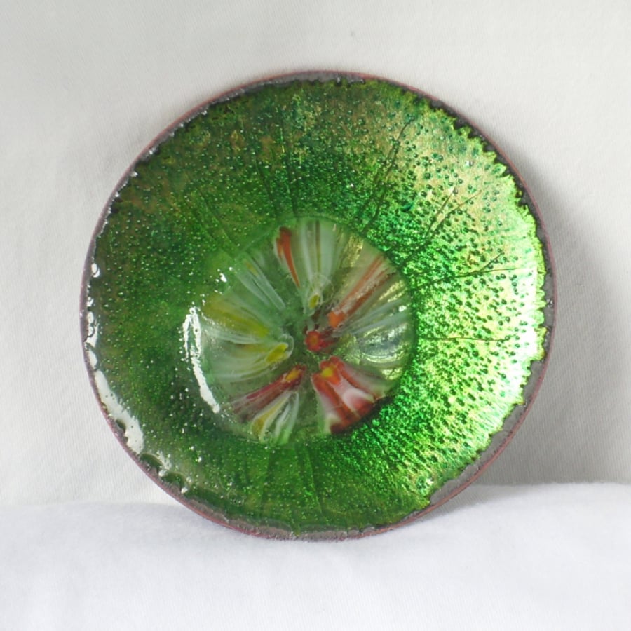 green over clear enamel with large millefiore centrepiece - brooch 
