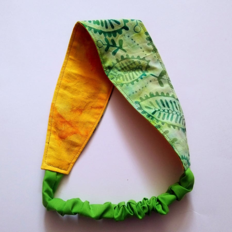 Yelloe and Green Leaves Batik Reversible Headband