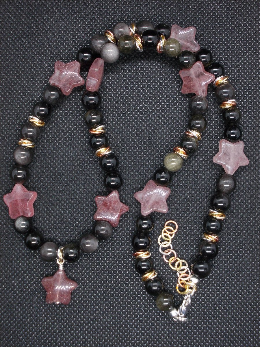 SALE - Strawberry quartz and obsidian necklace