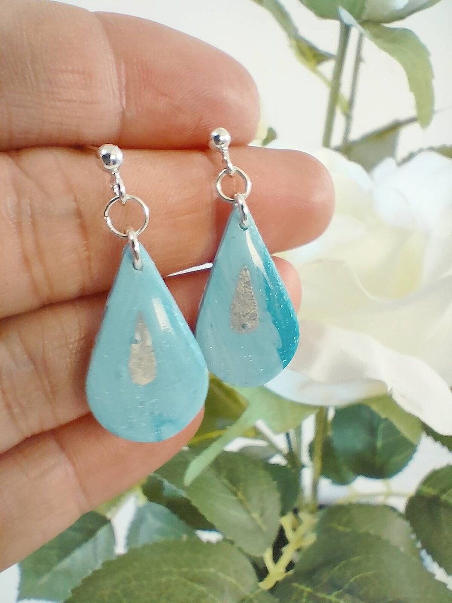 Blue Teardrop Polymer Clay Earrings