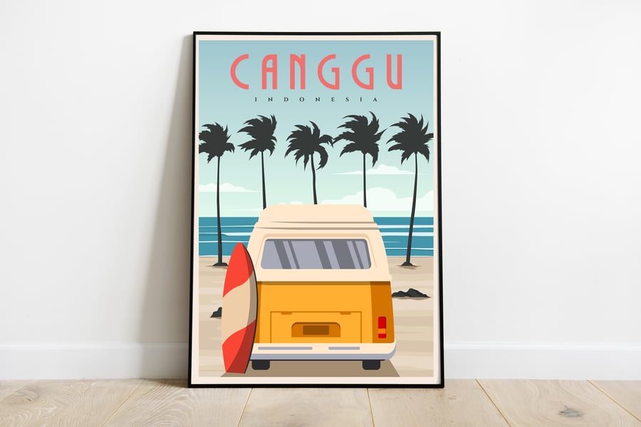 Canggu retro travel poster, Canggu print, Indonesia travel poster