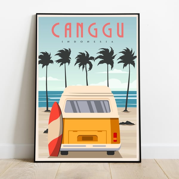 Canggu retro travel poster, Canggu print, Indonesia travel poster