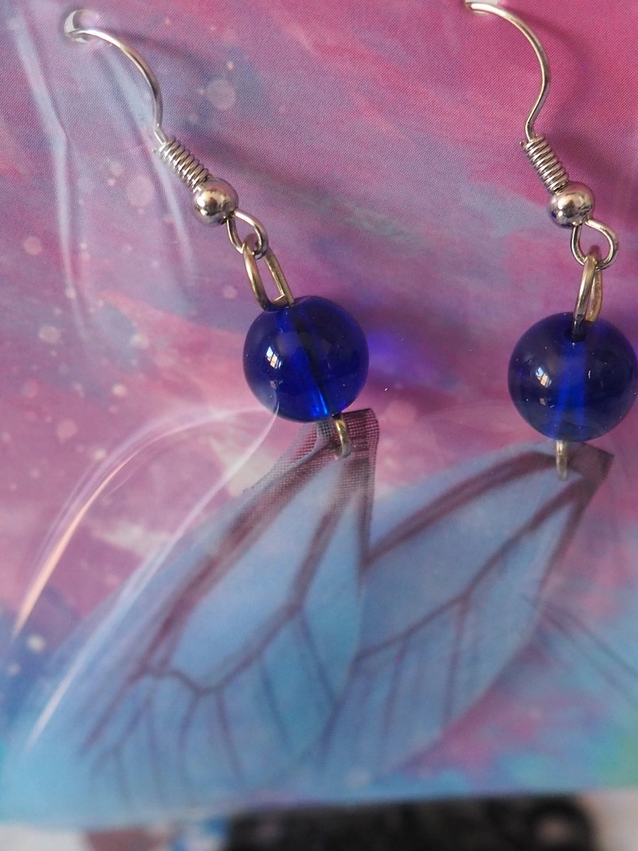 Butterfly Wing Dangle Earrings Blue Wings with Blue Beads