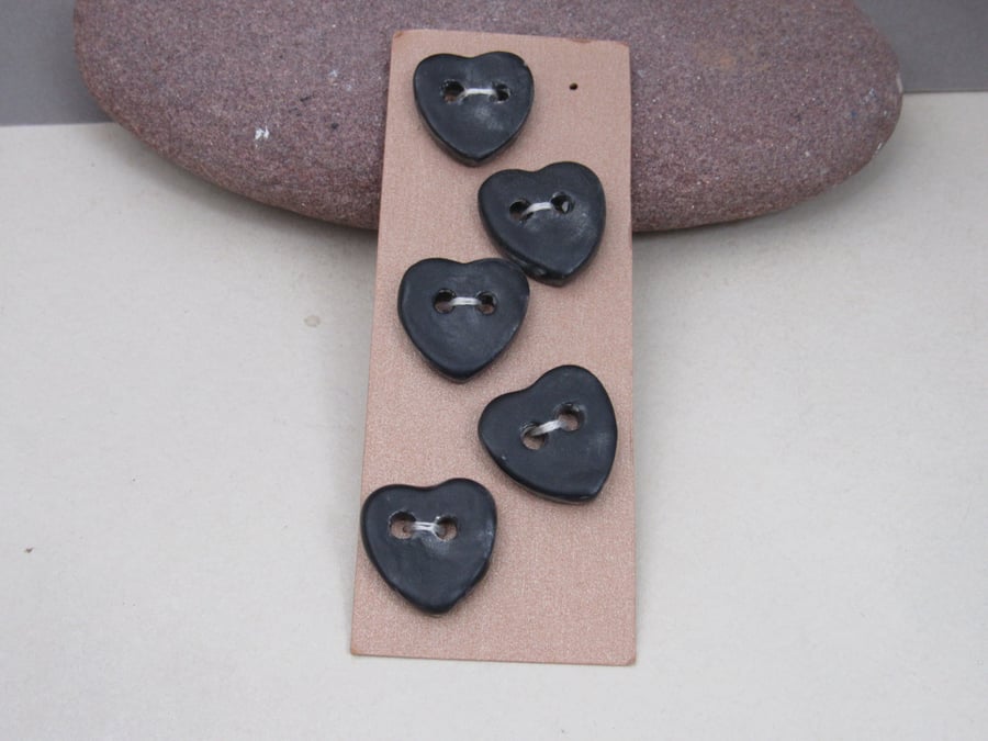 5 Small Heart Shaped Coal Black Ceramic Buttons