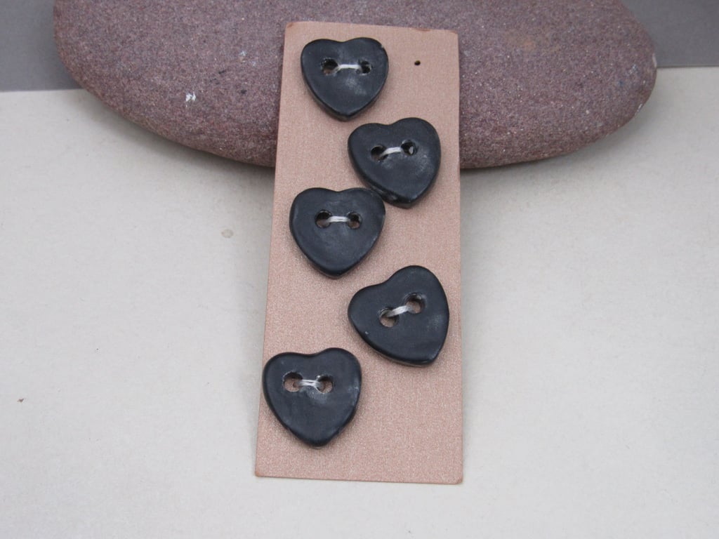 5 Small Heart Shaped Coal Black Ceramic Buttons