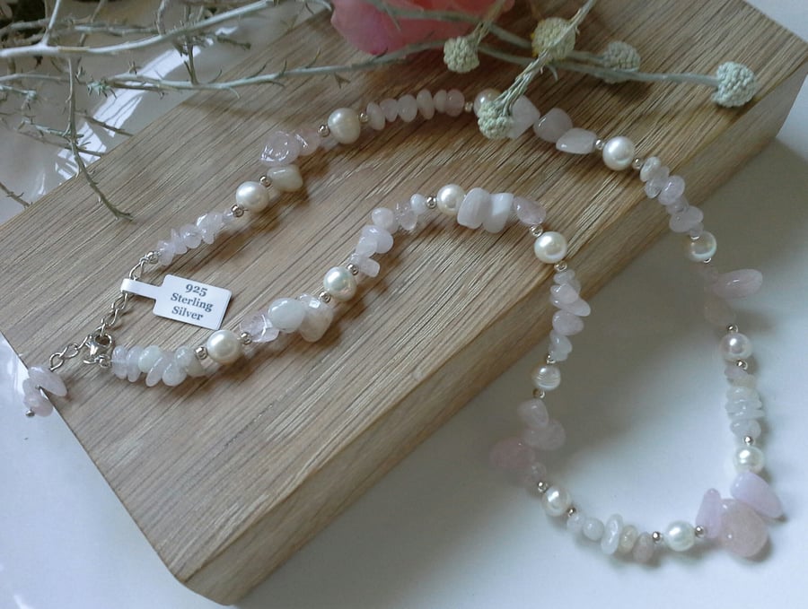 Natural Rose Quartz & Freshwater Pearl Sterling Silver Necklace (Help a Charity)