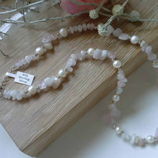 Natural Rose Quartz & Freshwater Pearl Sterling Silver Necklace (Help a Charity)