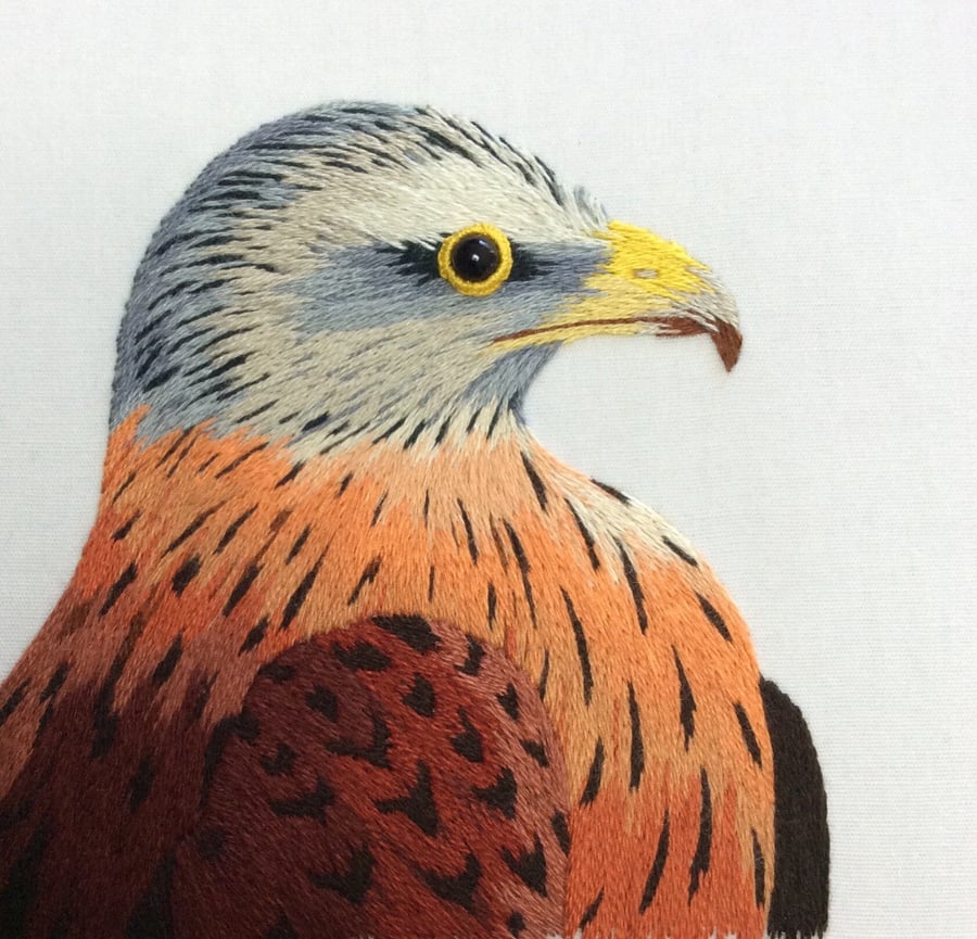 Red kite- silk shading, hand embroidery, hand stitched picture