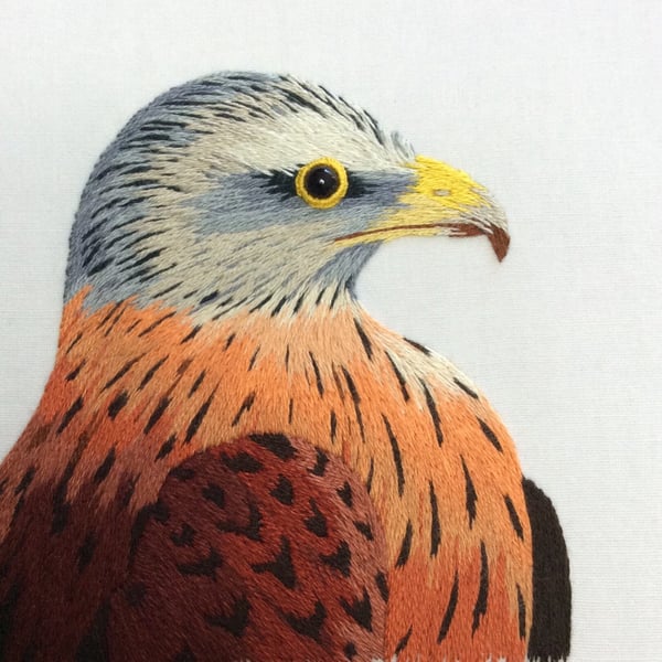 Red kite- silk shading, hand embroidery, hand stitched picture