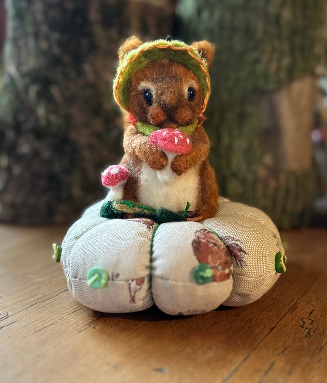 Needle felted red squirrel pincushion