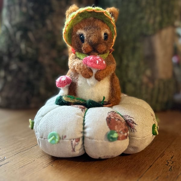 Needle felted red squirrel pincushion