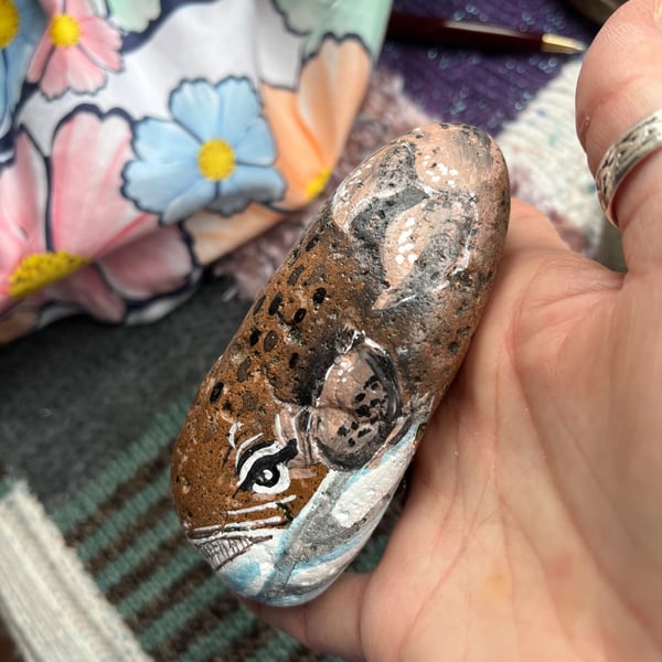 Grey pink  whale small  hand painted paperweight stone 