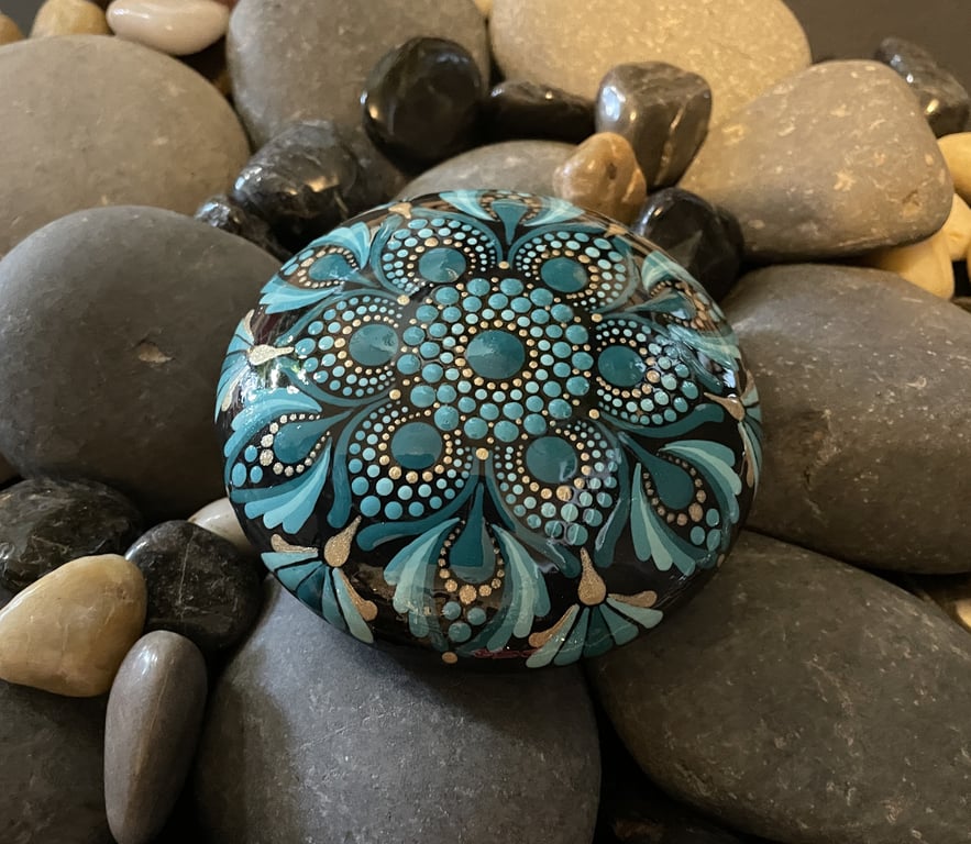 Green & Turquoise Mandala Acrylic Painted Rock Art Stone Hand Painted Unique