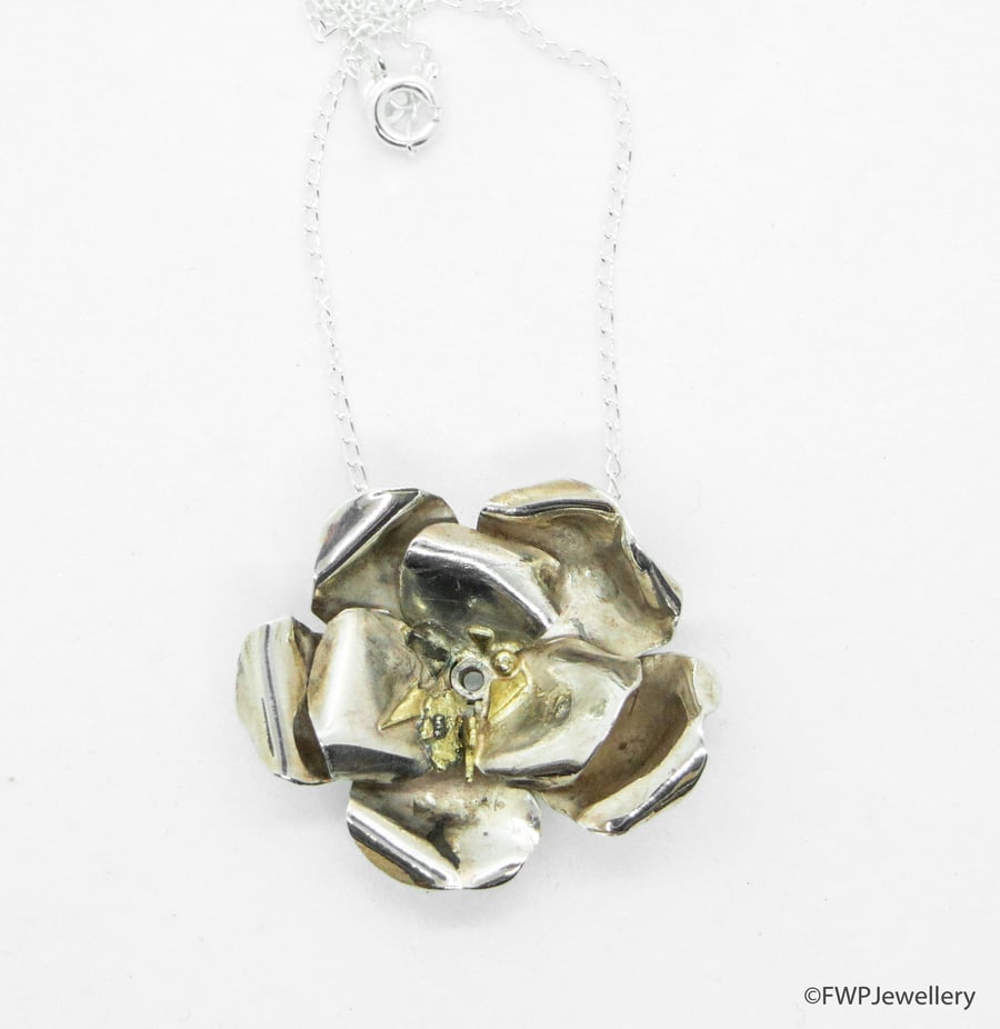 Silver Flower Pendant with Gold Drops on Silver Chain