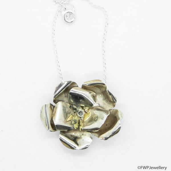 Silver Flower Pendant with Gold Drops on Silver Chain