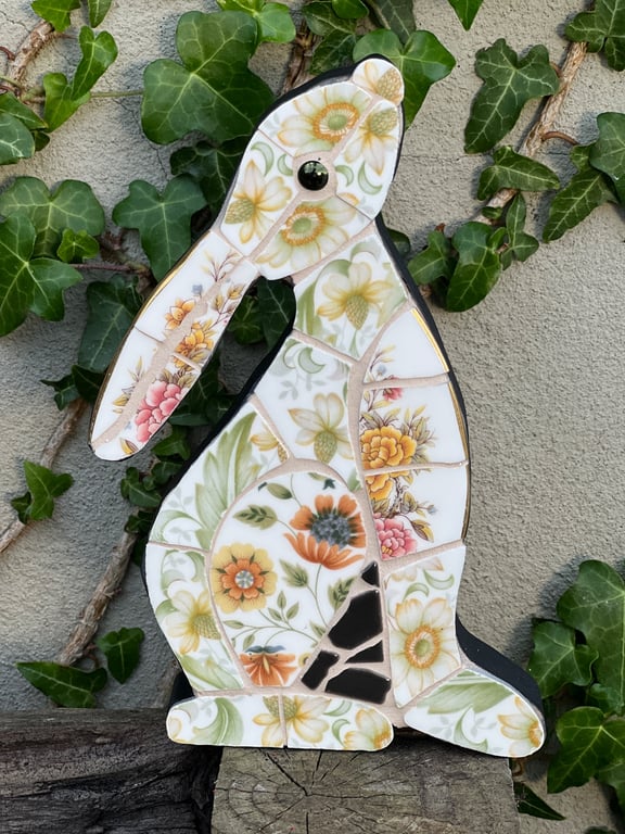 Mosaic Moon Gazing Hare, Made with Vintage china, Ceramic Mosaic Art