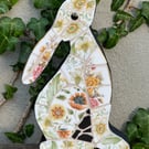 Mosaic Moon Gazing Hare, Made with Vintage china, Ceramic Mosaic Art