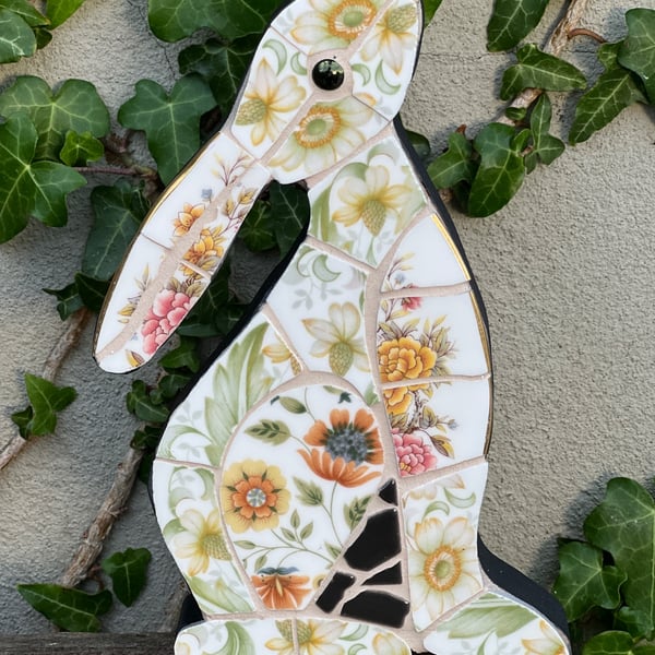 Mosaic Moon Gazing Hare, Made with Vintage china, Ceramic Mosaic Art