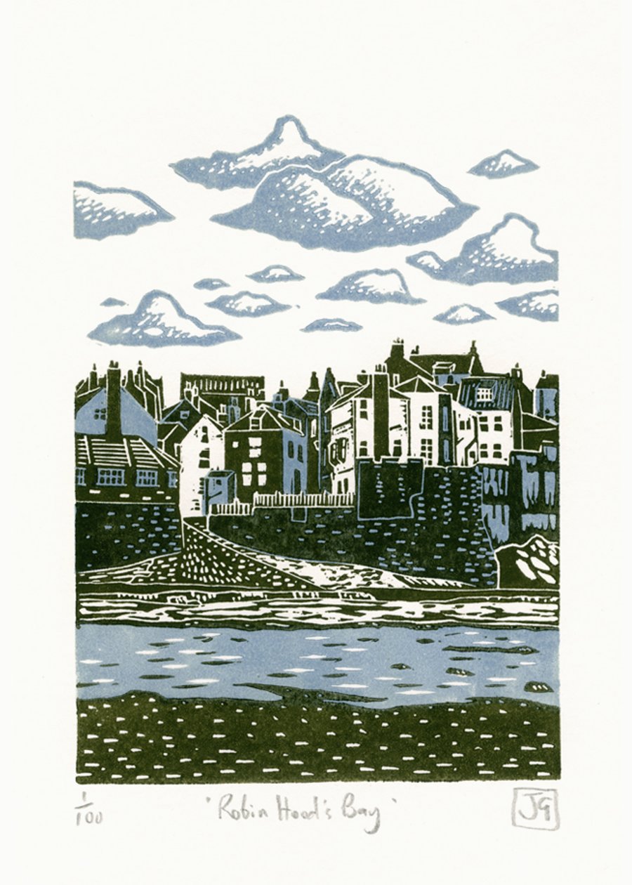 Robin Hood's Bay two-colour linocut print