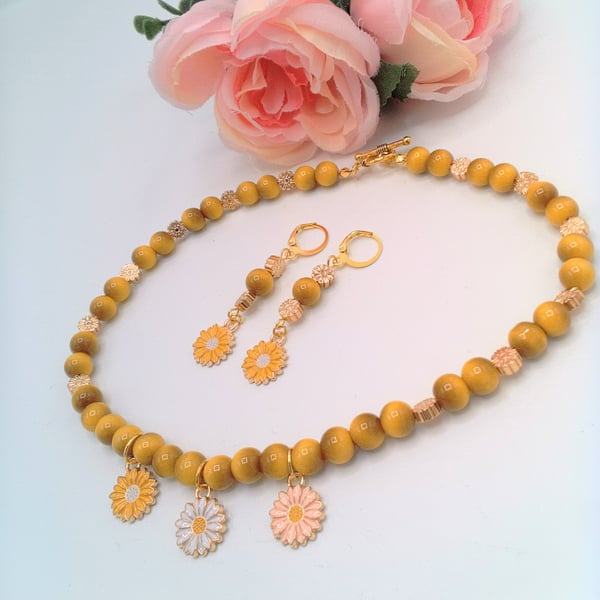 Yellow Tigers Eye and Gold Spacers with Enamelled Flowers Necklace & Earrings