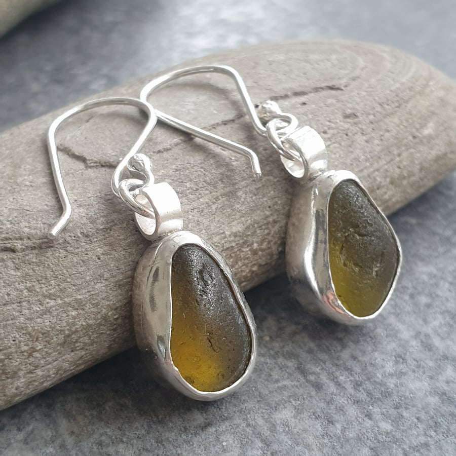 Olive sea glass earrings, Teardrop earrings, Gift for beach lover