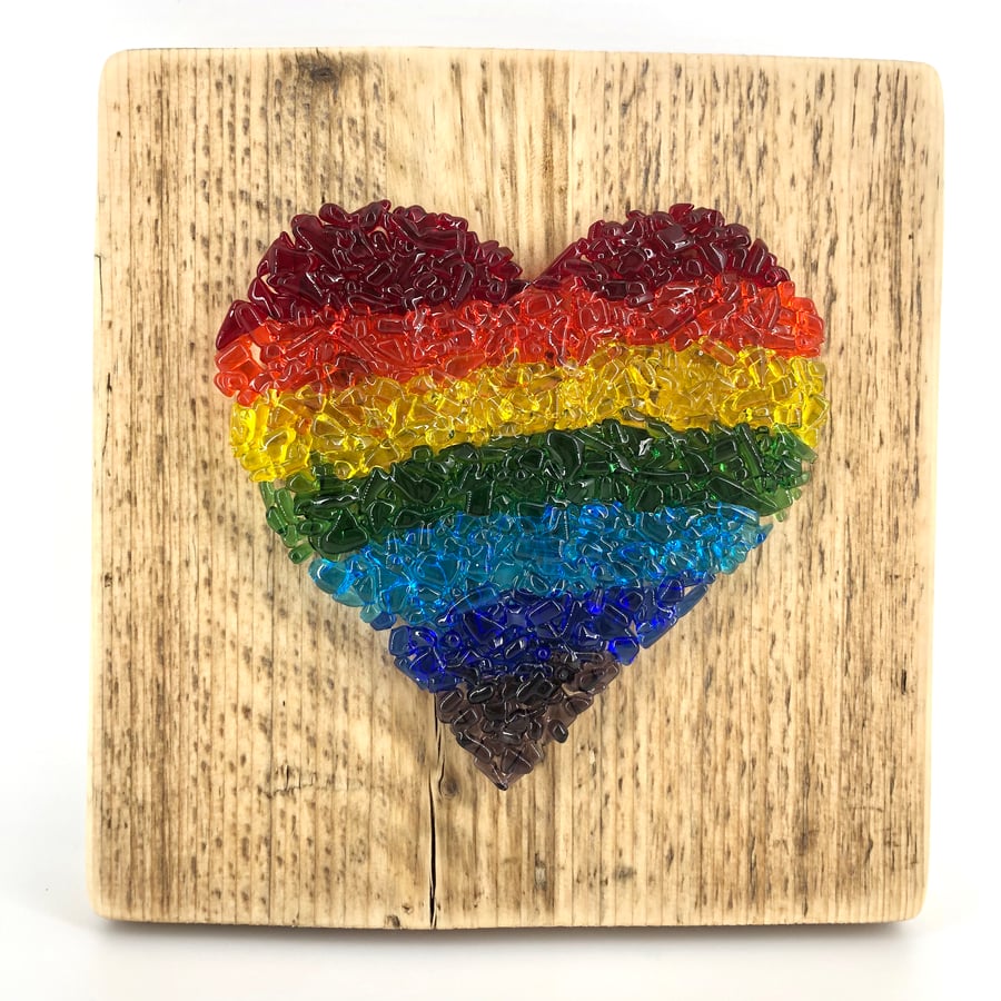 Rainbow Crushed Glass Heart on Reclaimed Wood