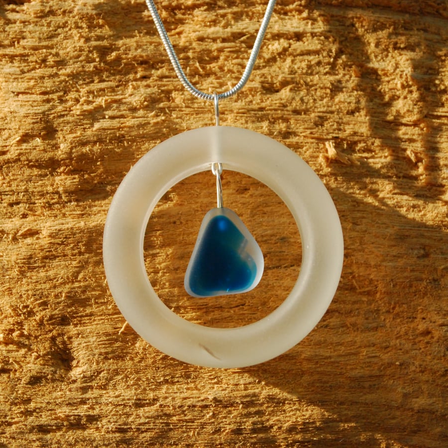 Seaham blue glass in glass ring pendant
