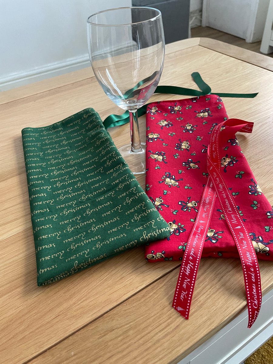 2 Handmade Christmas Fabric Biottle Bags