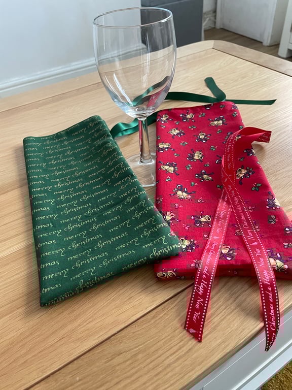 2 Handmade Christmas Fabric Biottle Bags