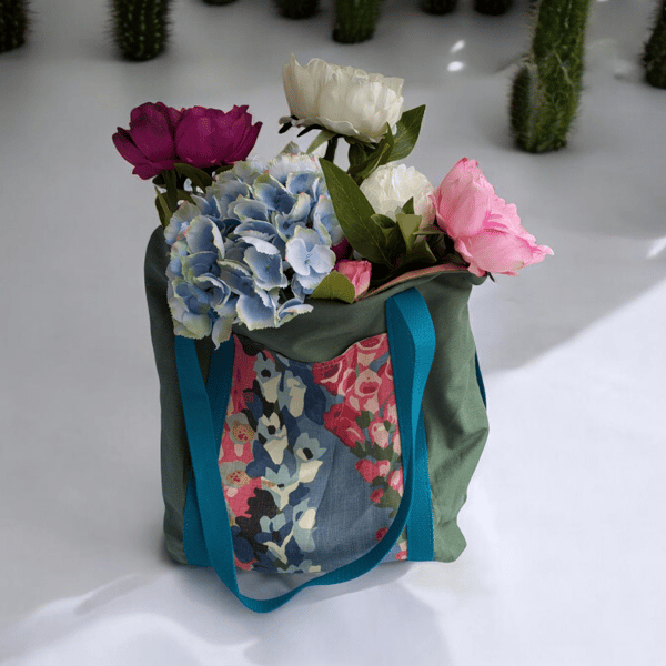 Reversible Green tote with pink & blue foxglove flowers 