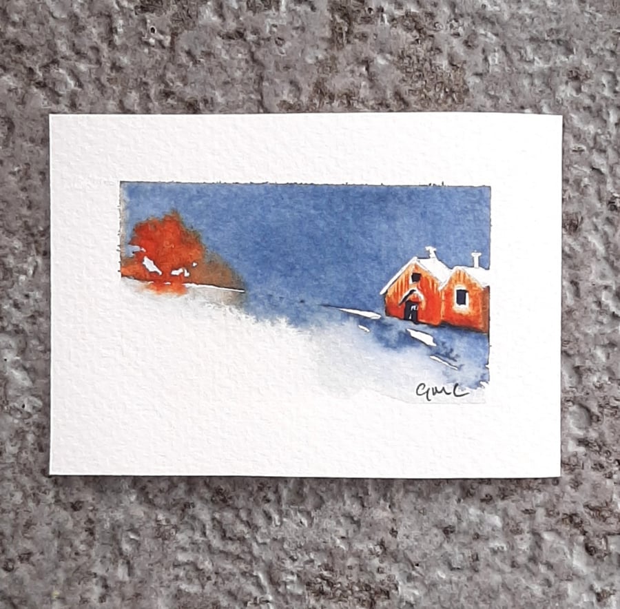 Abstract Handpainted ACEO. Original Watercolour Of Scottish Cottages