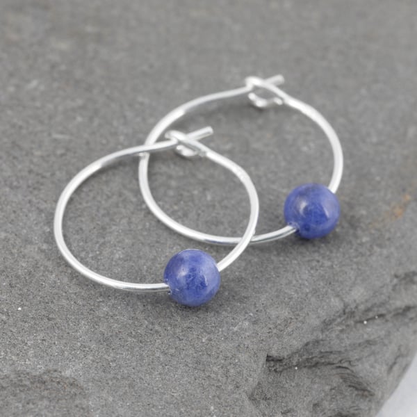 Boho 4mm Blue Sodalite Gemstone & 15mm Sterling Silver Hoop Earrings