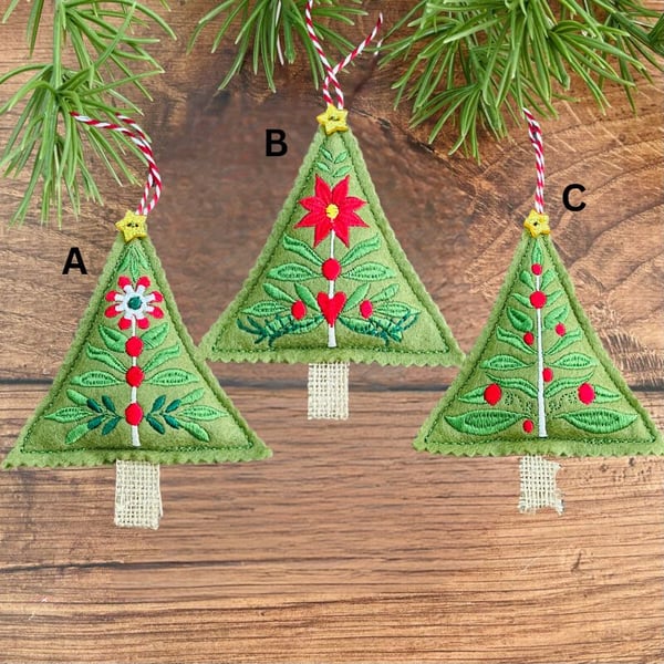 Folk Art Embroidered Christmas Tree Hanging Decorations