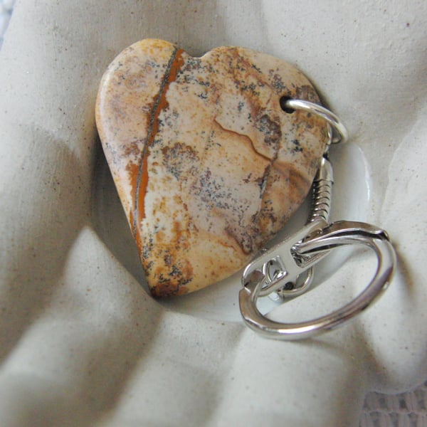 Caramel Coloured Jasper Heart Keyring, Gift for Her, Teachers Gift