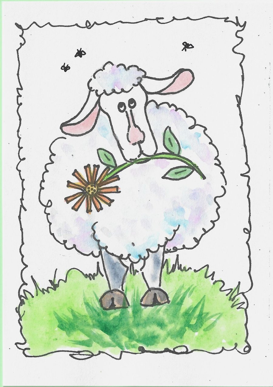 Blank. Sheep birthday card with flower