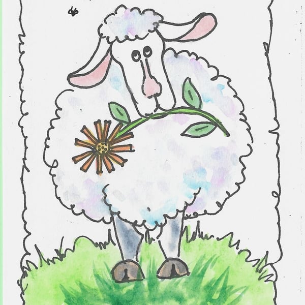 Blank. Sheep birthday card with flower