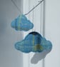 2 cloud shaped hand embroidered hanging ornaments, light blue wool - Image 1